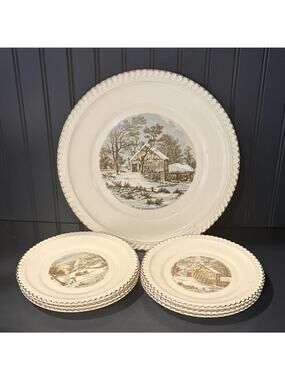 Vintage Harkerware Currier & Ives Winter Scene Cake Plate & 6 Dessert Plates GUC